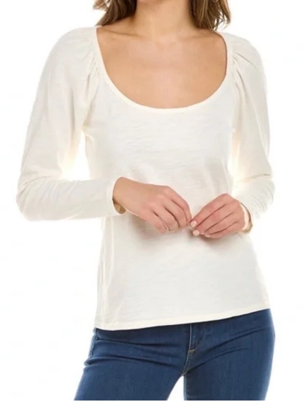 Nation LTD Cherry Scoop Neck Long Sleeve Cream Ivory Cotton Casual Shirt Top M